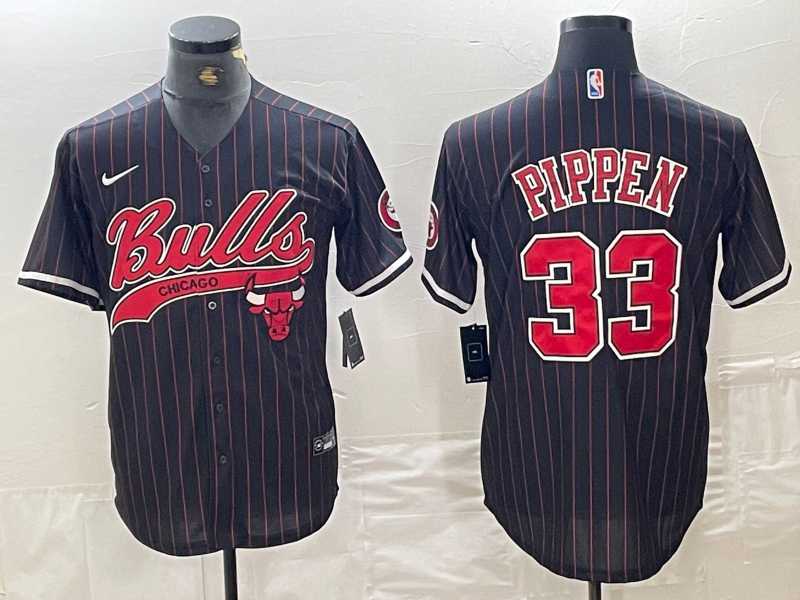 Men%27s Chicago Bulls #33 Scottie Pippen Black Pinstripe Cool Base Stitched Baseball Jersey